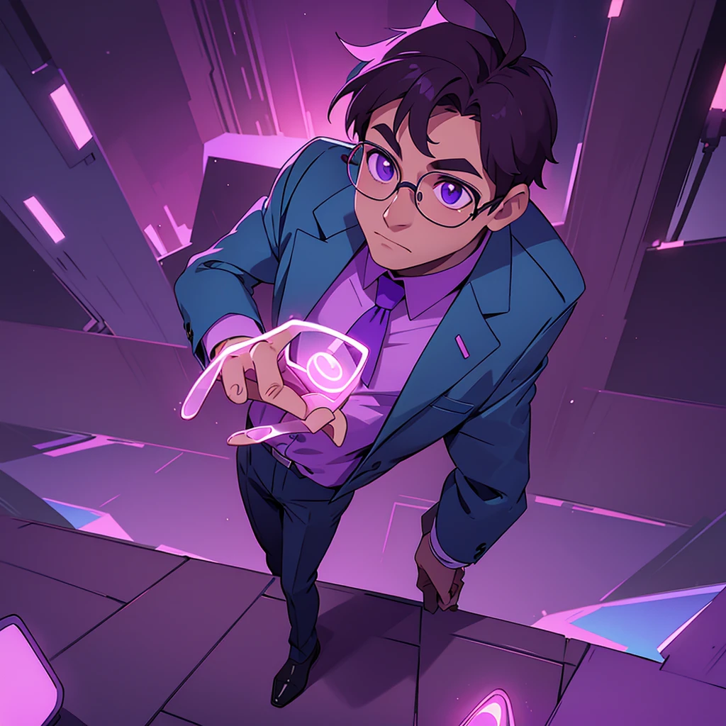 A handsome businessman with glasses standing coolly in a city lit up with purple neon lights Carefully finished down to the tips of your hands and feet