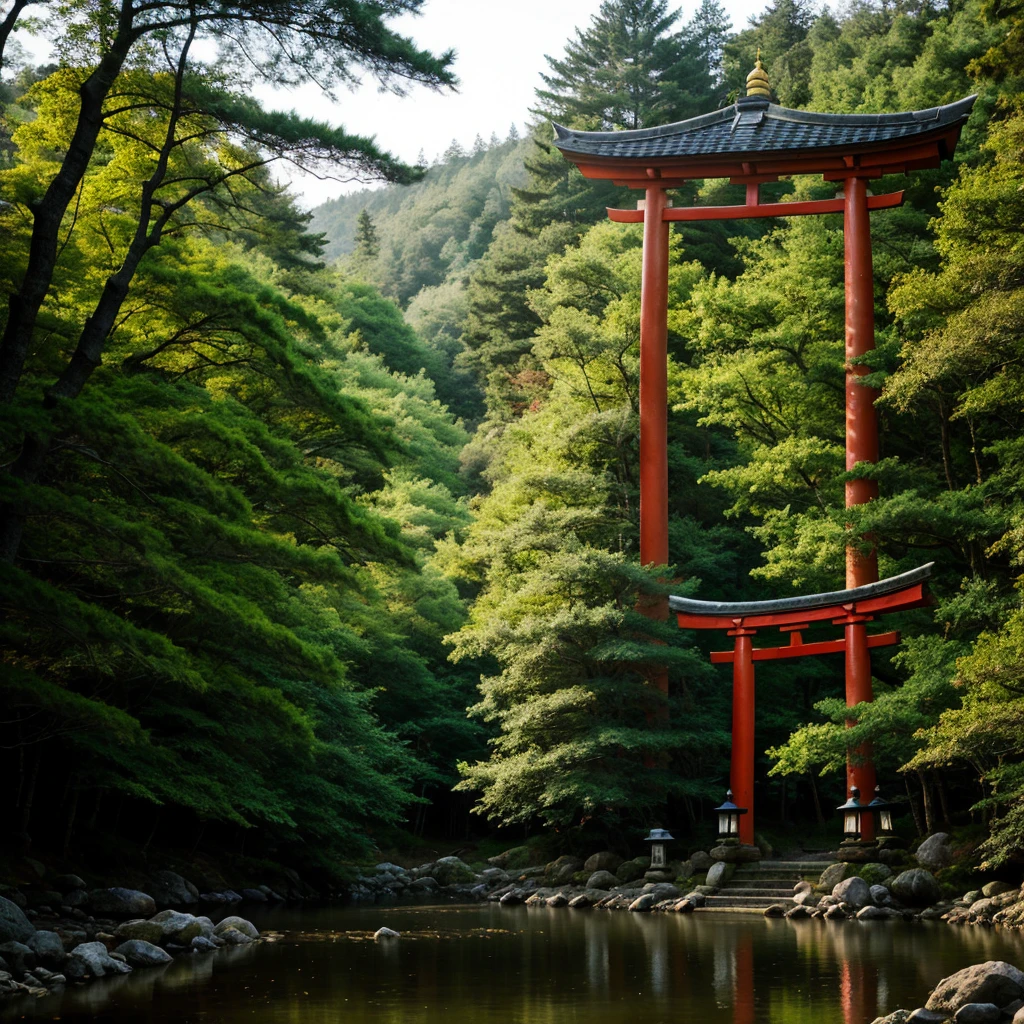 The lantern of Yomi-no-Kuni in a lake with lampions and lights in a forest with trees with white lanterns on it with red accents with a torii gate in the middle with light shafts shining through the trees and the forest, so you can see a bit of the sky
make it brighter please

