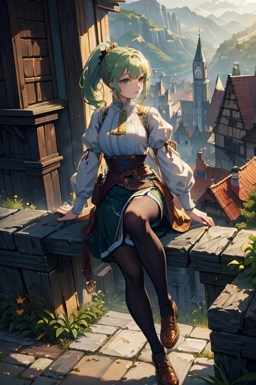 (masterpiece, Highest quality:1.2), One girl, alone，ponytail，Green and white gradient hair，Green Eyes,Adventurer,middle ages,Leather shoes,Background city