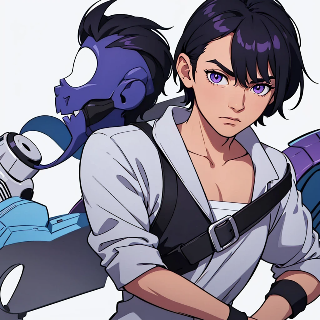 full face visible, looking towards camera, looking forward, head looking to its right, head tilted to its right, short black hair, highres, high resolution, masterpiece, wide purple eyes, talking, neutral face, confident, masterpiece, best quality, highres, 1 man, 1 person, 1 entity, Baro Shoei blue lock, extremely short hair, black hair, short hair, teenager, colorful hair, light background, full body, teenager, colorful parts, symbols, dark , bold, realistic mixing dark lines and loose lines, bold lines, on paper, human man, full body, imposing pose, stylish outfit, dark theme, handsome, attractive, boastful, standing, male, sharp chin, wide jaw, square face, white background, highres, high resolution, masterpiece