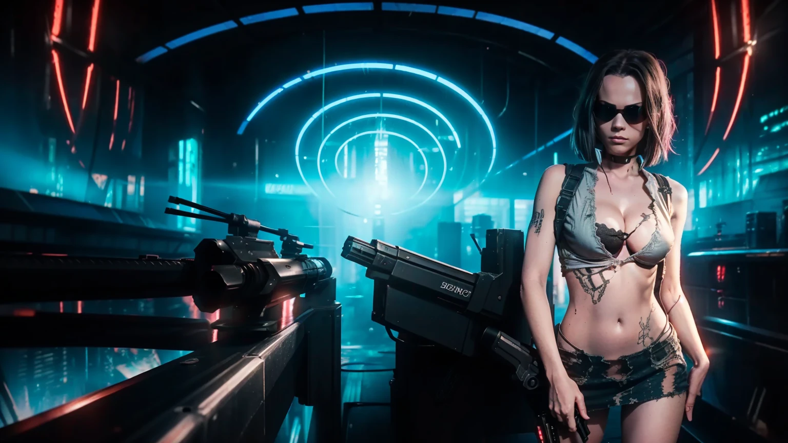 (aerial view, a flying cars docking platform, a very dark abandoned futuristic city, neon lights), rainy night. A girl as Lara Croft, solo, alone, large-breast:1.2 slim body, cleavage:1.1, sexy wind blowing wet dress:1.4, (headphone, black sunglasses), (((((she raised:1.8 a pistol:1.8 and took aim at viewer))))), dynamic pose, (((half-body thigh level medium shot))), cinematic lighting, lens flare, ray tracing.