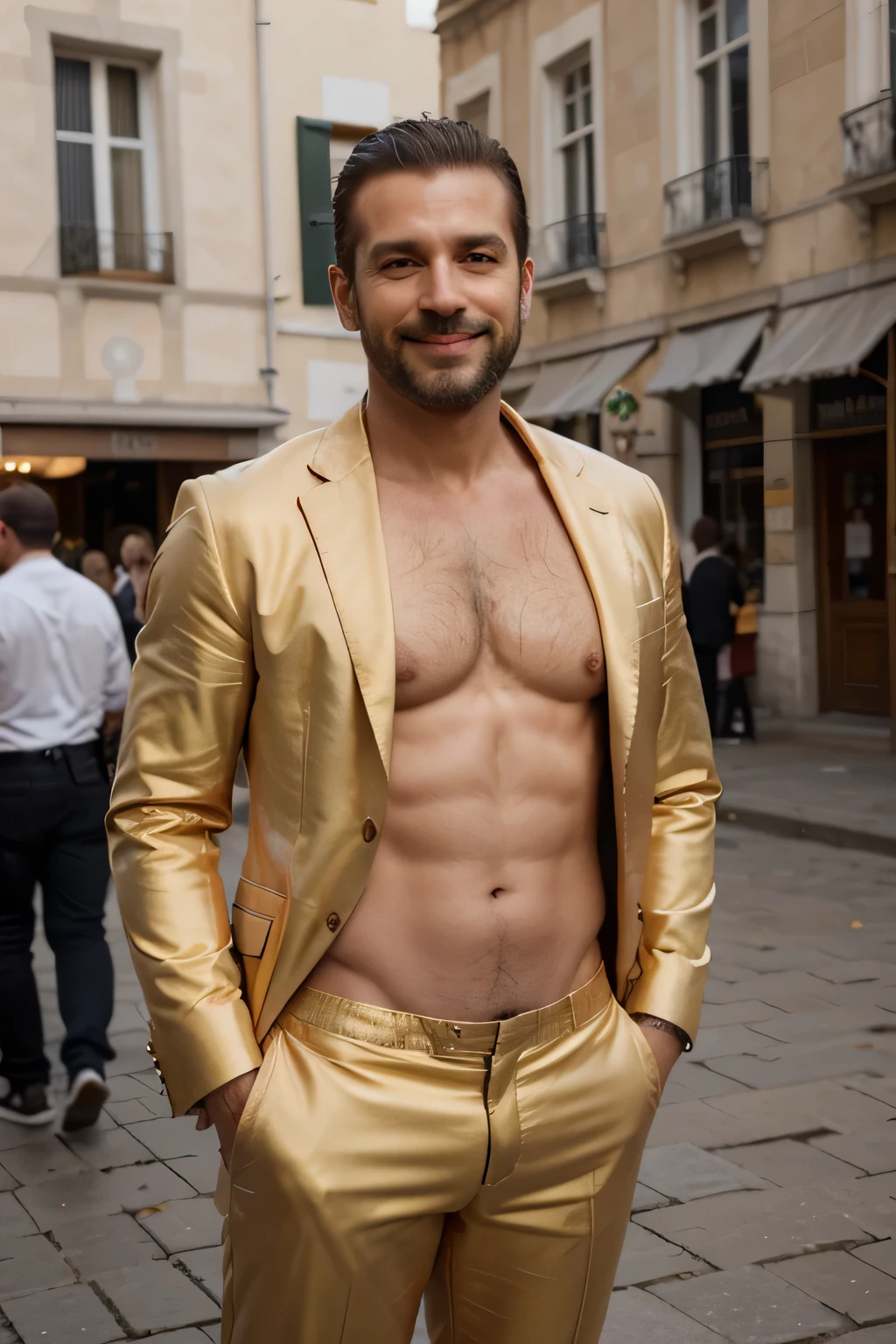 ((best quality)), ((masterpiece)), (detailed), italian male around 40 years old. Taned skin. Beard. Muscular body. Hairy chest. Wears the gold suit without a shirt underneath. Standing in the town square. He wears the orange suit without Shirt inside. He smile