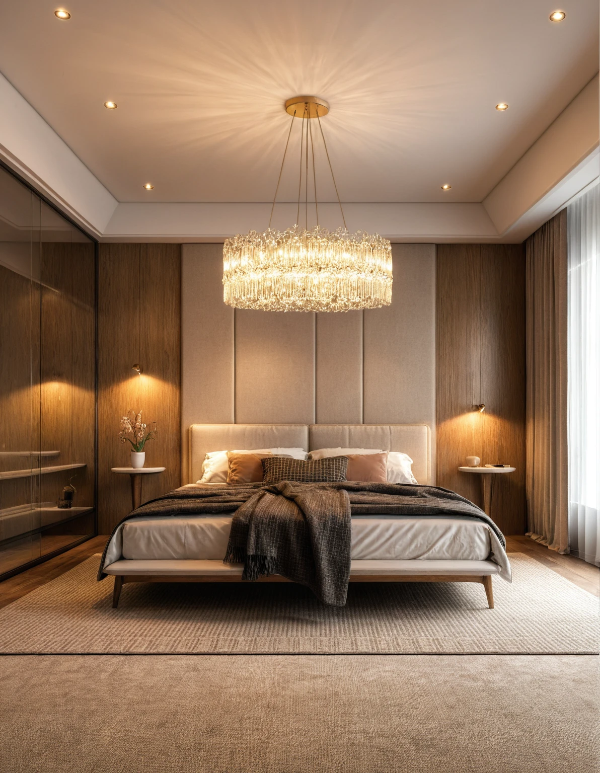 Raw photo,Masterpiece, high quality, best quality, authentic, super detail, interior, indoors, ((bedroom style modern luxury)), sunset, day light, bed, carpet, bedside cabinets, wood floor ,wardrobe, glass cabinet doors, chandeliers, windows, curtains, downlight, (flower vase)