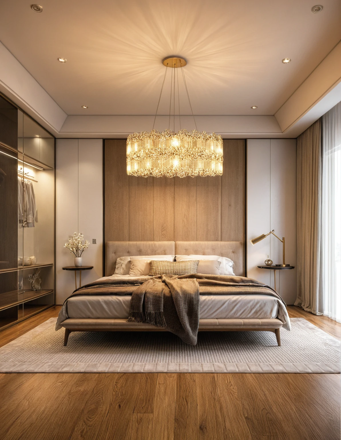 Raw photo,Masterpiece, high quality, best quality, authentic, super detail, interior, indoors, ((bedroom style modern luxury)), sunset, day light, bed, carpet, bedside cabinets, wood floor ,wardrobe, glass cabinet doors, chandeliers, windows, curtains, downlight, (flower vase)