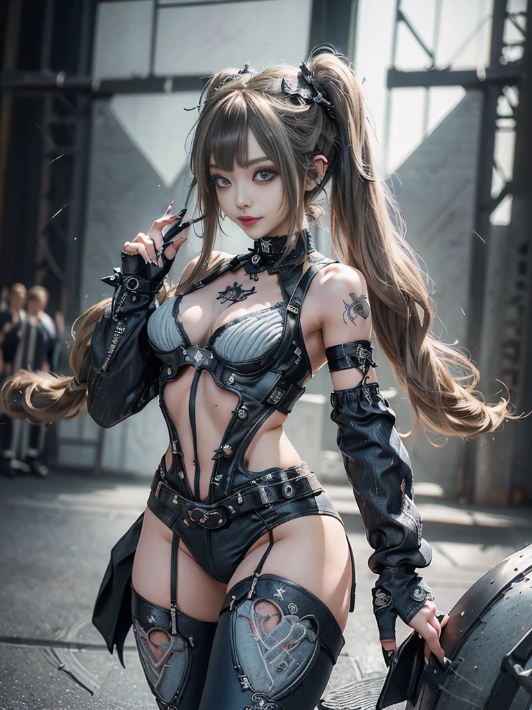 (Full Body View:1.3)、(Side view:1.1)、(Smiling with teeth showing:1.3),(Shibuya Gal:1.5)、(Gothic Lolita style fashion:1.5)、(Punk RockVisual Kei:1.5)、(Wearing a rhythmic gymnastics  with intricate details:1.4)、(Racing suit and pants with intricate decorations in white, denim and charcoal:1.5)、(Denim and light blue and white boots:1.3)、((belt))、(Numerous delicate logo marks all over the costume:1.4)、(collar:1.3)、(Striped :1.5)、20-year-old、、((Highest quality、In 8K、masterpiece:1.3))、Sharp focus:1.2、(Layered Cut、Huge boobs:1.1),Beautiful woman with perfect figure:1.4、(Dancing vigorously:1.3)、Slender Abs:1.2、Highly detailed face and skin texture、Detailed eyes、double eyelid,(Twin tails:1.3)、(Brown-golden hair:1.3)、Gravure idol、(The background is the stage of the fashion show:1.3)、(Slim body:1.3),(Make your legs thinner:1.4),（clavicle:1.1）、(Thin and slim thighs:1.3)