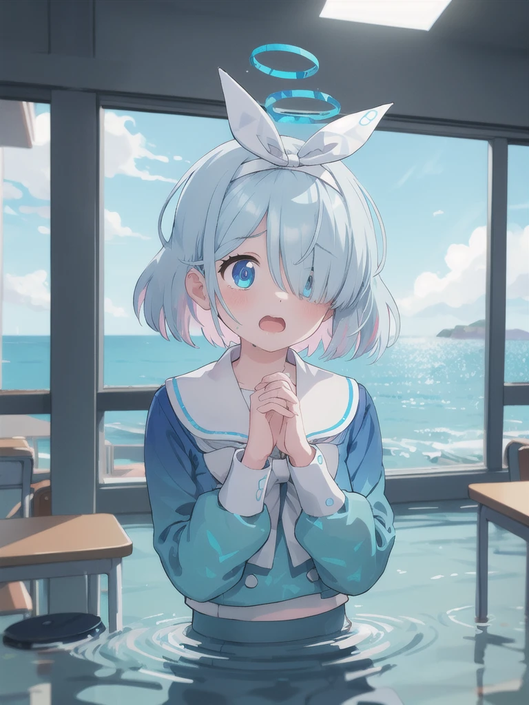 masterpiece,Highest quality,indoor,Ruined classroom,Water is filling up,White tile,Ocean View,noon,blue sky,1 Girl,Halo,Cry with your eyes open,Open your mouth,Blue school shirt,Long sleeves,White Skirt,Focus on face,upper body
