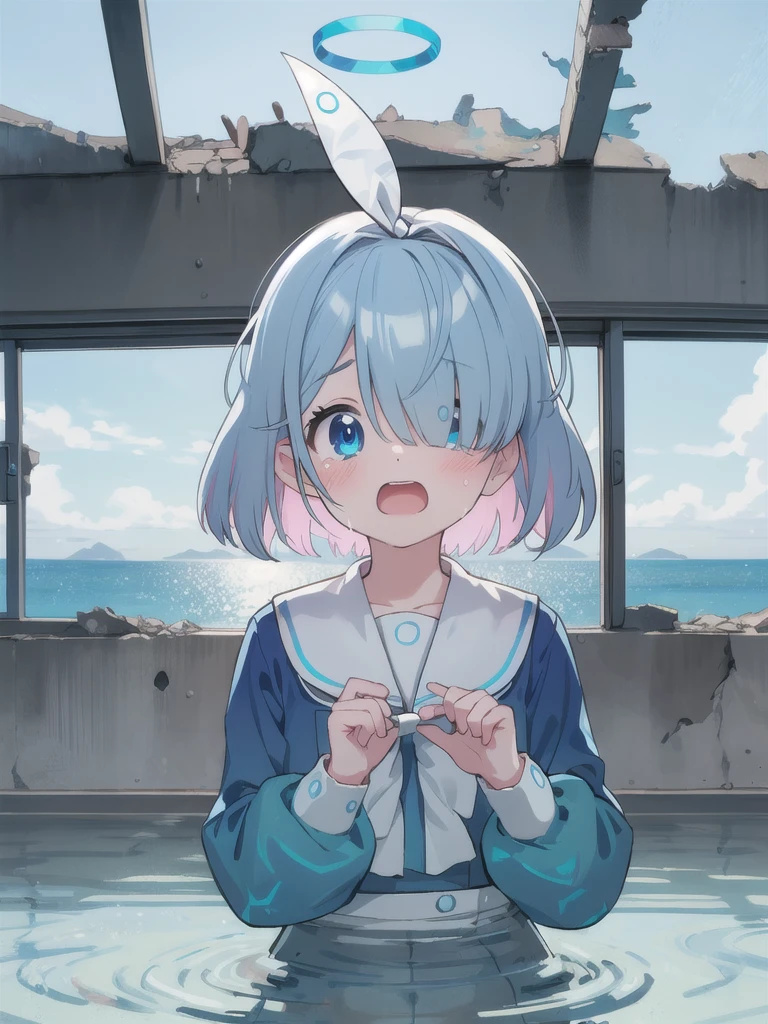 masterpiece,Highest quality,indoor,Ruined classroom,Water is filling up,White tile,Ocean View,noon,blue sky,1 Girl,Halo,Cry with your eyes open,Open your mouth,Blue school shirt,Long sleeves,White Skirt,Focus on face,upper body