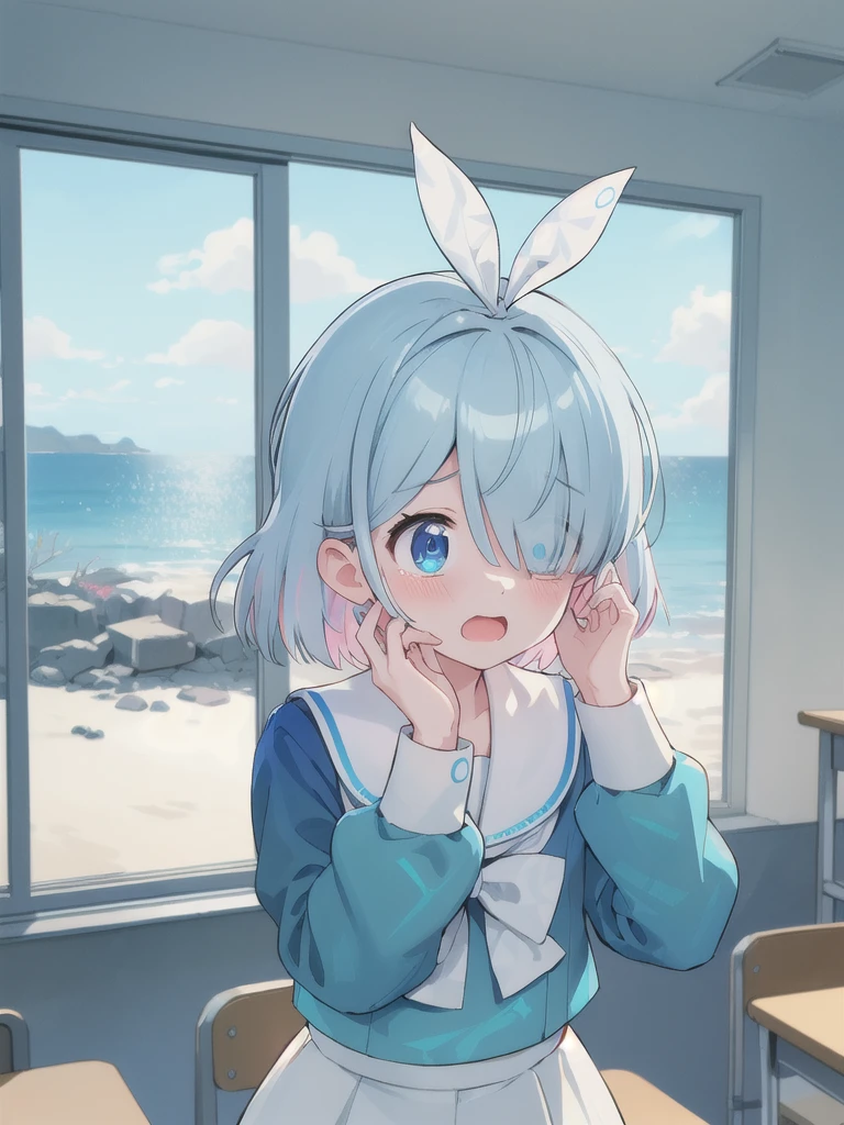 masterpiece,Highest quality,indoor,Ruined classroom,Water is filling up,White tile,Ocean View,noon,blue sky,1 Girl,Halo,Cry with your eyes open,Open your mouth,Blue school shirt,Long sleeves,White Skirt,Focus on face,upper body