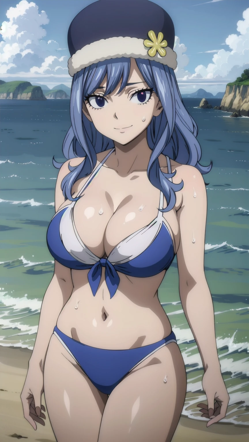 masterpiece, absurdres , (intricate details), (colorful),cinematic lighting,bust shot,extremely detailed CG unity 8k wallpaper, juviagmg,hat, 1girl, Smiling, looking at the viewer, blue theme, blue background, cloudy sky, sunlight, sweat, ????????, ?????? swimsuit, ?????????????, cleavage, belly button exposed, collarbone, thighs, sea and beach,