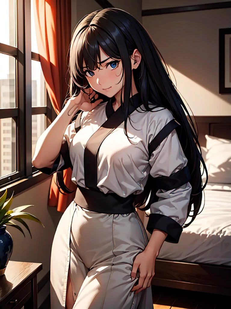 (​masterpiece、top-quality、hight resolution、Unity 8k Wallpaper、extremely details CG:1), In a dimly lit hotel room, a man sits on the edge of the bed, looking shocked and uncomfortable. Standing in front of him is a woman dressed as an escort, who he quickly recognizes as the delinquent girl who used to bully him in school. Her expression is a mix of surprise and amusement as she realizes who he is. She stands with one hand on her hip and a teasing smile on her face, clearly enjoying his discomfort. The room is simple, with a bed, nightstand, and dim lighting, creating an intimate yet tense atmosphere. The focus is on their  expressions and body language, highlighting the awkward and unexpected reunion. 