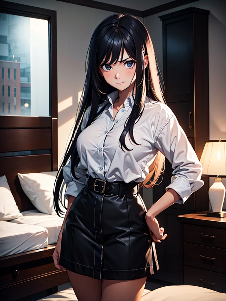 (masterpiece、top-quality、hight resolution), In a dimly lit hotel room, a man sits on the edge of the bed, looking shocked and uncomfortable. Standing in front of him is a woman dressed as an escort, who he quickly recognizes as the delinquent girl who used to bully him in school. Her expression is a mix of surprise and amusement as she realizes who he is. She stands with one hand on her hip and a teasing smile on her face, clearly enjoying his discomfort. The room is simple, with a bed, nightstand, and dim lighting, creating an intimate yet tense atmosphere. The focus is on their facial expressions and body language, highlighting the awkward and unexpected reunion. nsfw