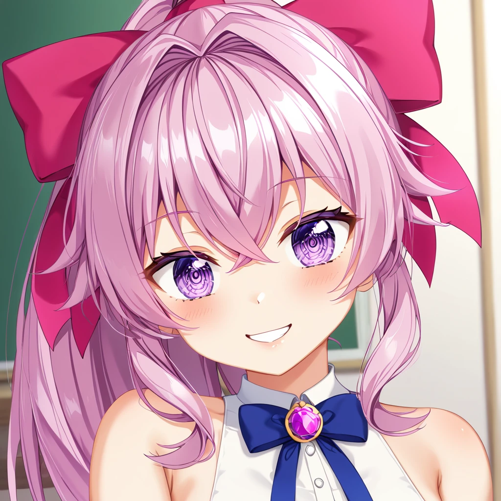 (((masterpiece)))(((Highest quality)))(((8K)))(((4K)))One Little Girl、10 years old、Straight Hair、(Pink Hair)Pink high ponytail、Ribbon on head、Crossed bangs、Light purple eyes、Squint your eyes、((Smile with your mouth closed))、いいドレス))、Small breasts、Diagonally from behind、turn around、Upper Body、Anime Style