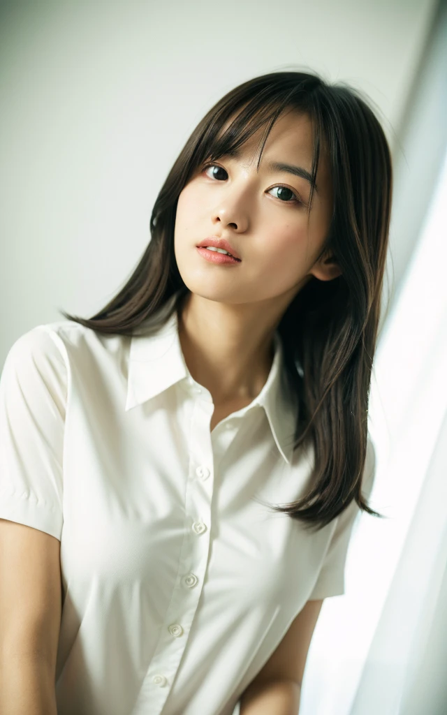 masutepiece, Best Quality, 8K, 18 yo, (Large breasts:1.2), Open your mouth and say something, kitchin, cute little, Solo, sad, Full body, Cute, Girly, Delicate girl, Neat and clean beauty, Raw photo, Professional Photography, Portrait, Soft light, Professional Lighting, Back lighting, Sophisticated, Film grain, (Eyes and faces with detailed:1.0), medium length floating hair , Beautiful flowing hair, collared white shirt