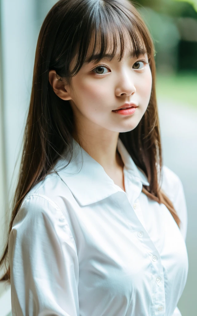 masutepiece, Best Quality, 8K, 18 yo, (Large breasts:1.2), Open your mouth and say something, kitchin, cute little, Solo, sad, Full body, Cute, Girly, Delicate girl, Neat and clean beauty, Raw photo, Professional Photography, Portrait, Soft light, Professional Lighting, Back lighting, Sophisticated, Film grain, (Eyes and faces with detailed:1.0), medium length floating hair , Beautiful flowing hair, collared white shirt