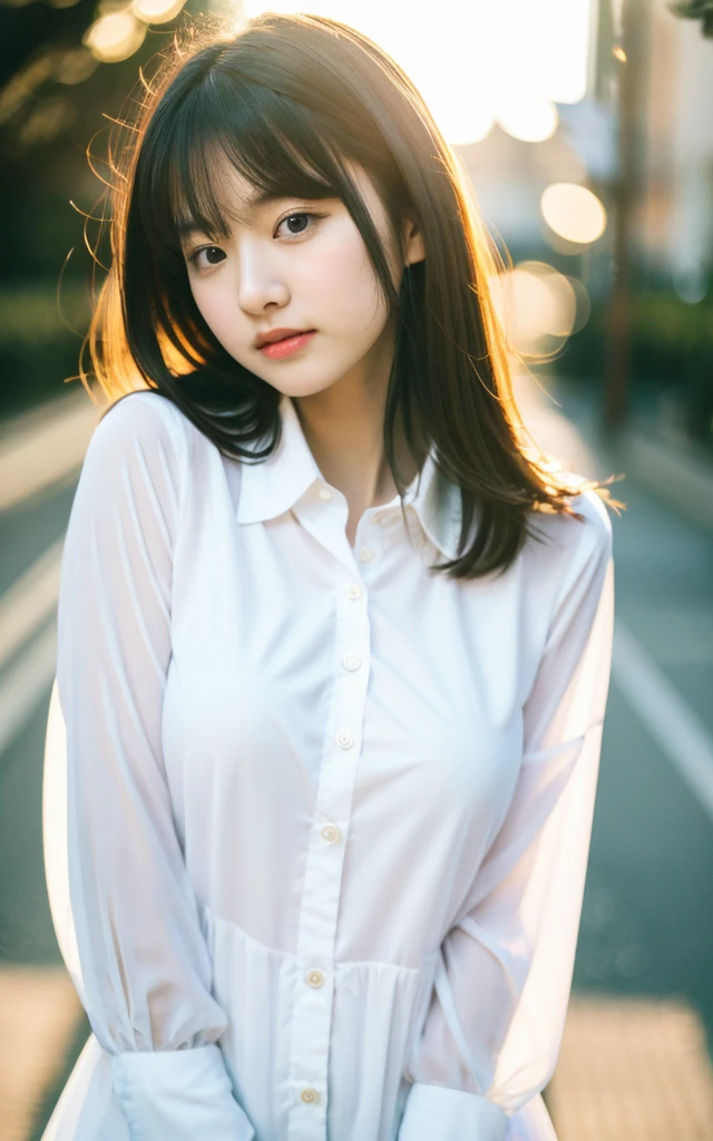 masutepiece, Best Quality, 8K, 18 yo, (Large breasts:1.2), Open your mouth and say something, kitchin, cute little, Solo, sad, Full body, Cute, Girly, Delicate girl, Neat and clean beauty, Raw photo, Professional Photography, Portrait, Soft light, Professional Lighting, Back lighting, Sophisticated, Film grain, (Eyes and faces with detailed:1.0), medium length floating hair , Beautiful flowing hair, collared white shirt