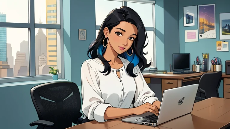 In the background there are many desks and people, Beautiful black-hair woman in her 30s sitting chair in an spacious and colorful office. looking down, relaxed atmosphere, cozy, LOFI girl, blouse, desk, documents, laptop, watch, smartphone, stationery, wide glass window, only five fingers, New York, colorful, can see skyscrapers outside the window, colorful wall, pierced earrings, ring, cabinet, offee cup, Well-proportioned face, Unbroken fingers, unbroken fingers, beautiful captured fingers, White skin, Japanese, She has nothing in her hands, Only two hands!
