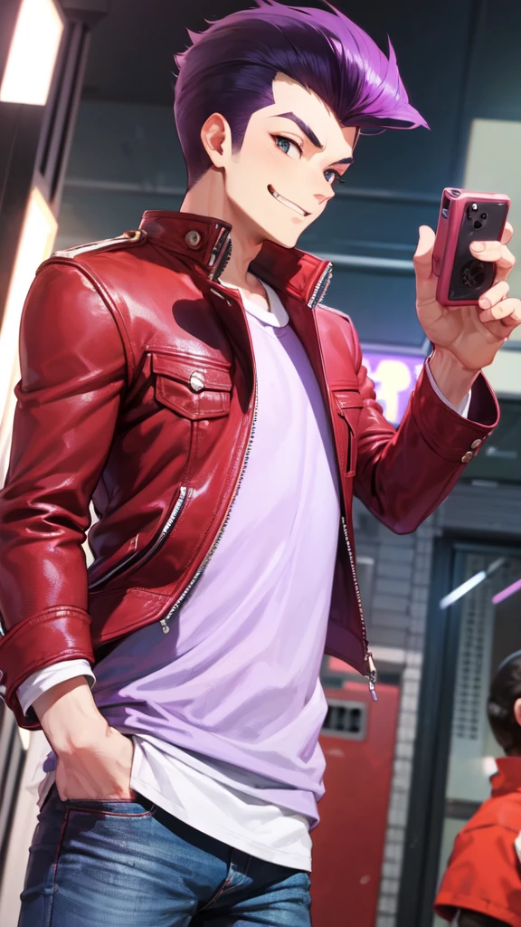 Bad boy, low angle, purple pompadour, red jacket and jeans, looking at camera, smiling, Tokyo city，Pocket Hand