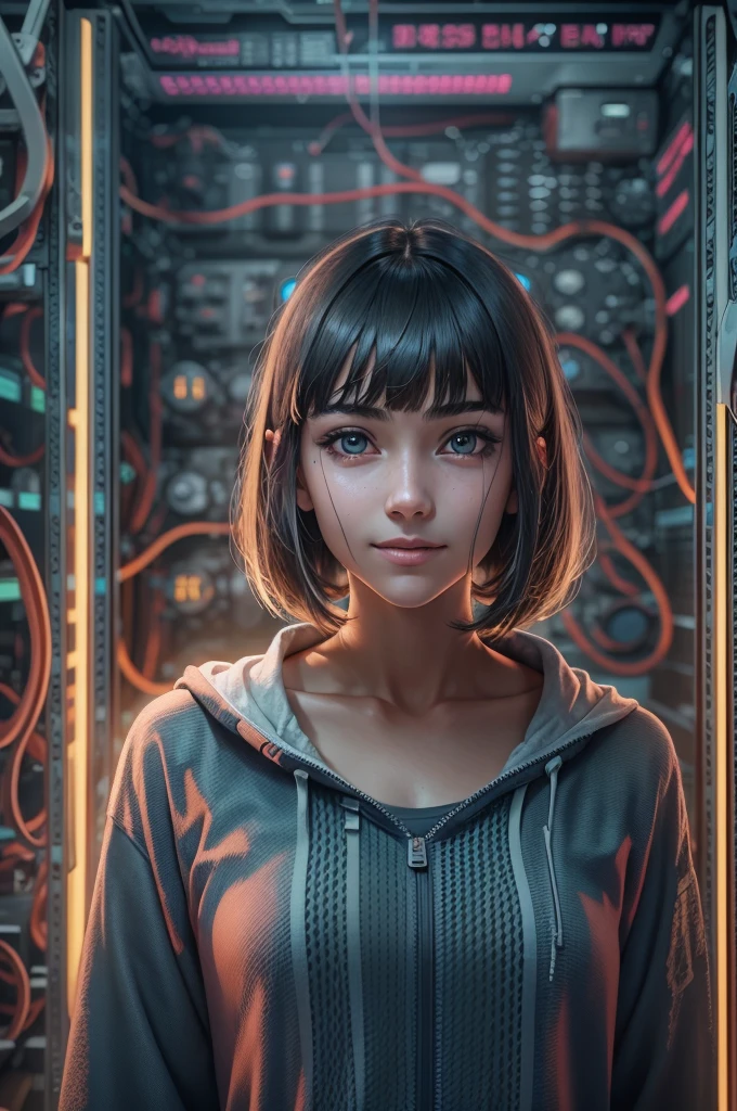 (Full body:1) of a young girl, smart casual, hacker's server room, detailed face, ((cool  expression)), (straight short thin fringe hair:1.2), ultra detailed photograph, (photorealistic), (intricate details:1),(masterpiece :1), (best quality:1), ultra high res, (detailed eyes), (detailed  features), HDR, 8k resolution, (lens flare:0.5), light from far behind, (smile, joy) 