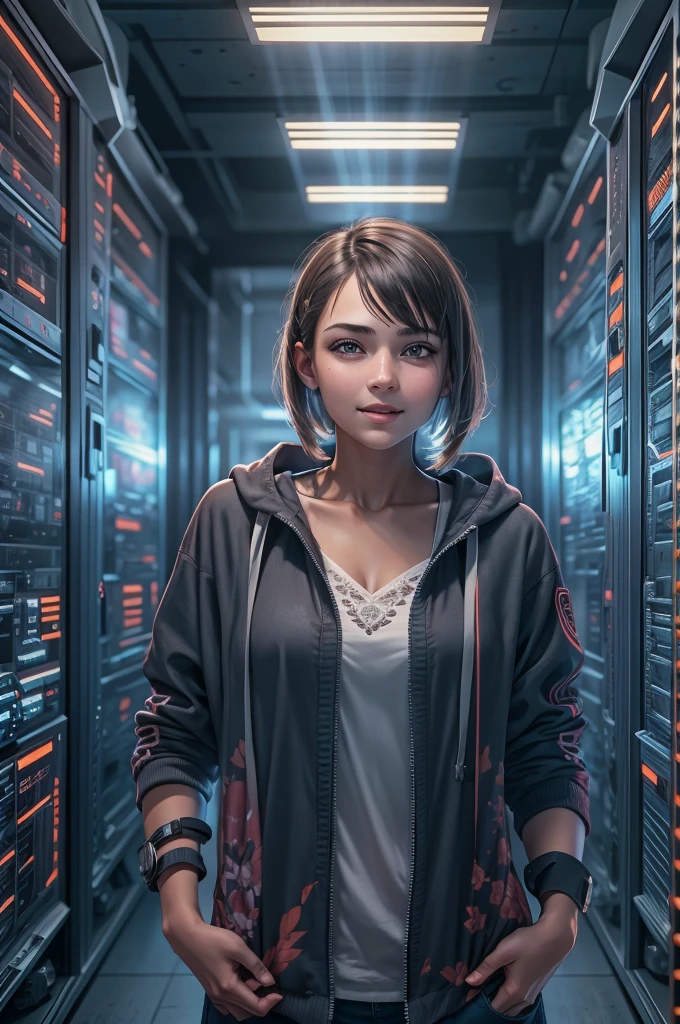 (Full body:1) of a young girl, smart casual, hacker's server room, detailed face, ((cool facial expression)), (straight short thin fringe hair:1.2), ultra detailed photograph, (photorealistic), (intricate details:1),(masterpiece :1), (best quality:1), ultra high res, (detailed eyes), (detailed facial features), HDR, 8k resolution, (lens flare:0.5), light from far behind, (smile, joy) 