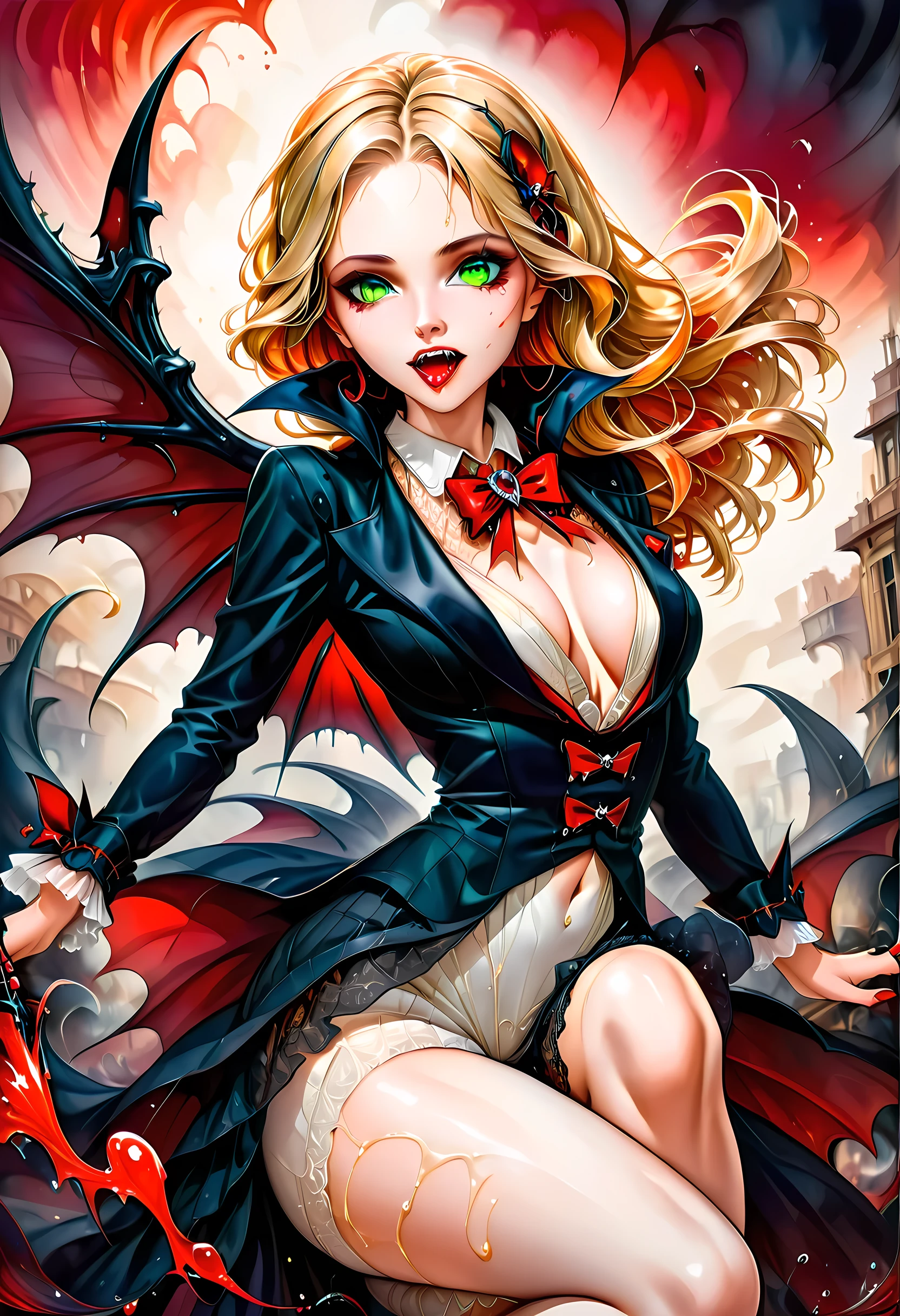 ((a photorealistic portrait of an exquisite, glamour female vampire: 1.5)) , pale face, blond hair, long vibrant shiny hair, glamorous hair, emerald green eyes, deep  eyes, red lips,  lips, ((two vampiric fangs: 1.5), drops of blood dripping from the mouth, ((1920's style: 1.5)), (highest quality:1.2, Very detailed, up to date, Vibrant, Ultra-high resolution, High Contrast, masterpiece:1.2, highest quality, Best aesthetics), best details, best quality, highres, ultra wide angle, 16k, [ultra detailed], masterpiece, best quality, (extremely detailed), Genetically modified..., Cinematic Hollywood Film, traditional watercolor painting