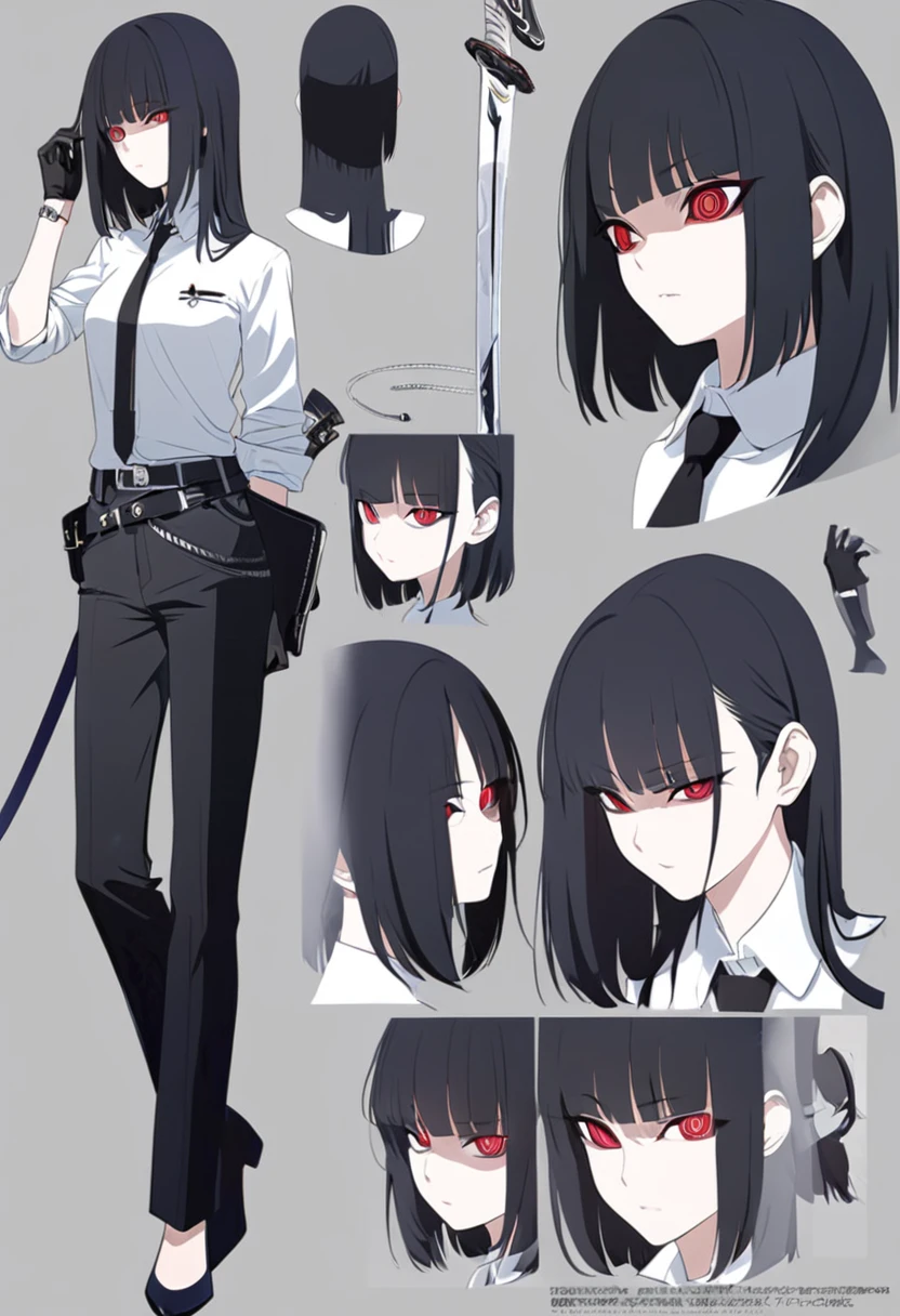 One woman,Dynamic,whole body,Are standing,mysterious,Concept Art,Character Design,Jet black straight hair,The bangs are trimmed to accentuate the eyes.,Well-proportioned face,Sharp Eyes,White shirt,Black tie,Black slacks,Silver cufflinks on the left hand,On the ring finger of her right hand she wears a simple silver ring.。Luxury watches,Black leather shoes,beltでウエストラインを強調,Stylish,Red eyes,belt,Stylish,Simple background gray,Details,Okabo Hair,Half-open eyes,Cool appearance,,Black gloves,Short Hair,Narrow eyes,Accentuated body lines,Has a sword on his waist,