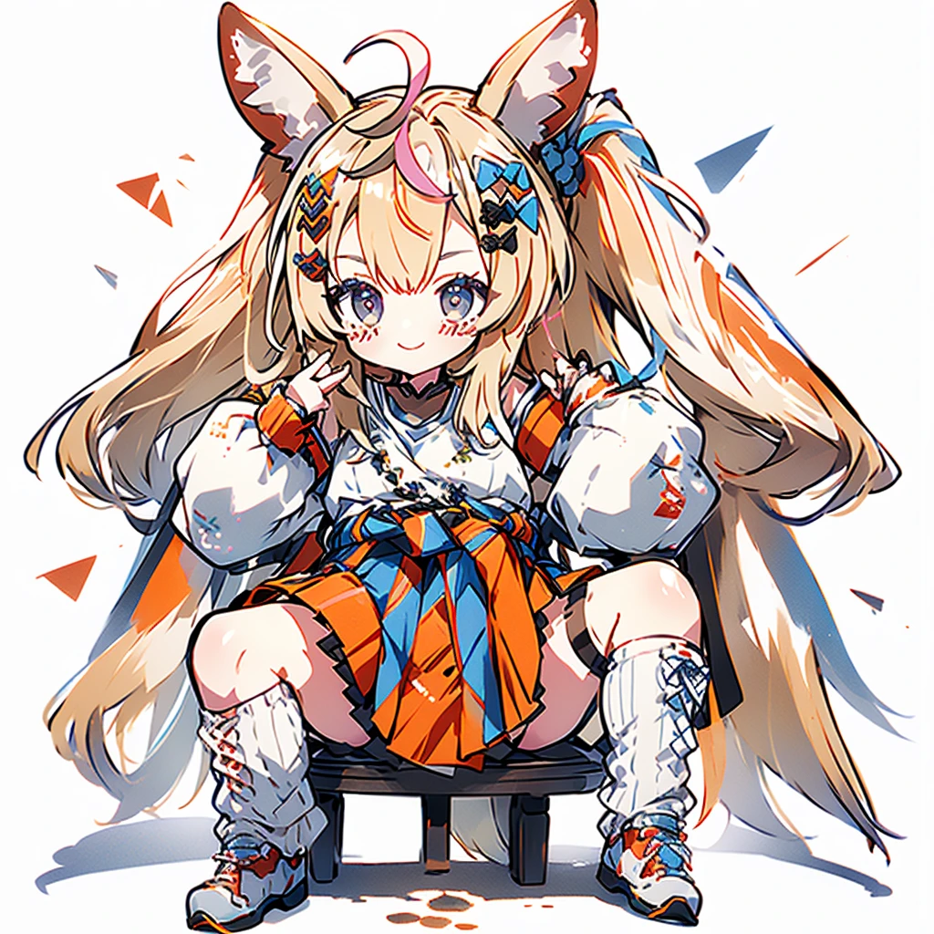 masterpiece, best quality, highres, op1, animal ears, hair ornament, side ponytail, fox tail, clothes around waist, animal ears, loose socks, streaked hair, white shirt, , wrist scrunchie, white socks, gyaru, miniskirt, pleated skirt, red skirt, loose bowtie, long sleeves, jewelry, sitting, crossed legs, smile,