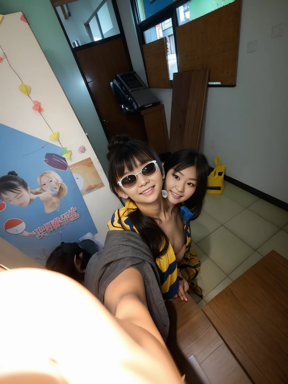 best resolution, 2heads,  half-body shot, conjoined, dicephalus, two japanese women with two heads ,  blonde hair, hair bun, long hair, different faces,hands on head, mouth open,, shocked, tanktop, indoor background