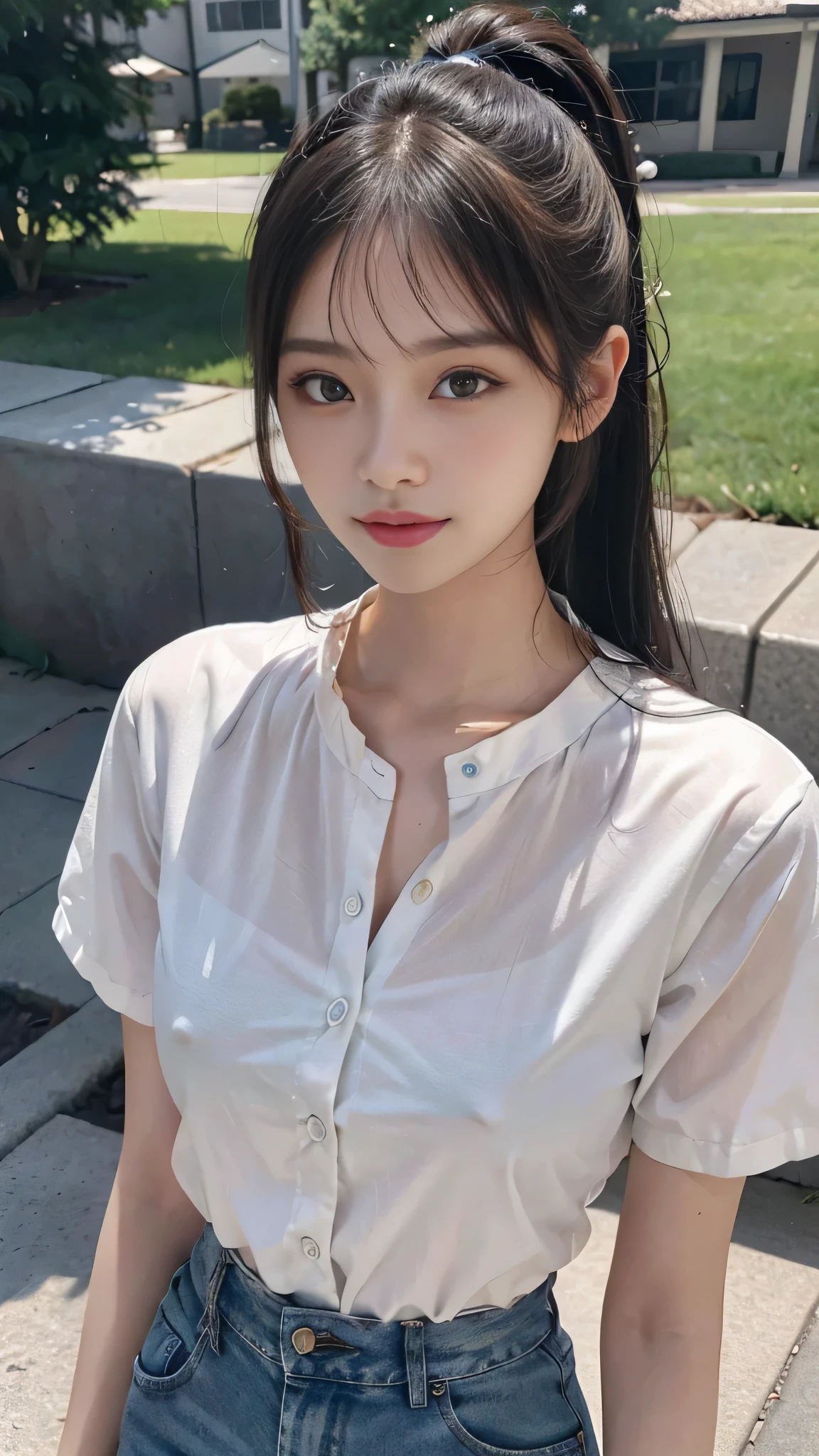 White collared shirt,jeans,Park,On the lawn,Close up face,One woman,masutepiece, The highest image quality, High quality, the background is clear,Beautiful woman, Japanese,Ultra-detailed, finely detail, hight resolution, 8K Wallpaper, Perfect dynamic composition, Beautiful detailed eyes , Detailed, Detailed eyes, Detailed skin, Beautiful skin, 超hight resolution, (reality: 1.4),Very beautiful woman, Slightly younger face, Beautiful skin, slender, (Ultra photo realsisim), (hight resolution), (8K), (Very detailed) (beautifully detailed eyes), (super detailed), (Detailed face), view the viewer, Fine details, Detailed face, Staring straight ahead, Staring straight ahead, photos realistic, Bright lighting, Professional Lighting, Black hair,poneyTail,a baby face,fourteen years old,Hairstyle: ponytail,Long ponytail hairstyle,slight smile,neat and tidy clothing,Beautiful Japanese KPOP idol photo, hair style is ponytail, my eyes are double and wide, baby face, smile and look straight ahead, slender, small breasts,Close up face,