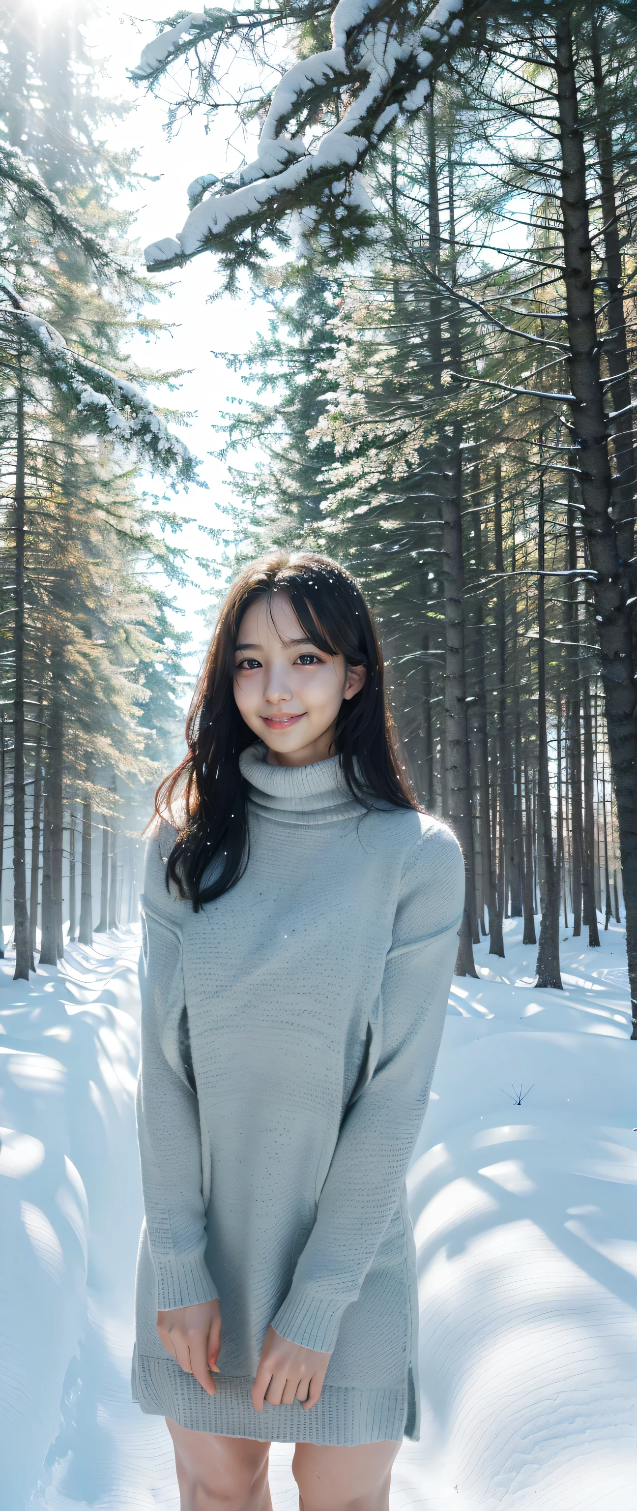 (Highest quality、masterpiece、8K、Best image quality、Hyperrealism、Award-winning works)、1 Girl、(20 year old girl:1.1)、(alone:1.1)、(1 photo:1.1)、(The perfect tight turtleneck knit sweater dress:1.1)、(Standing Elegantly:1.1)、(In a mysterious snowy forest:1.1)、(Mysterious and beautiful snow scenery:1.1)、(A lot of snow has fallen:1.1)、(Mysterious fog:1.1)、(A fantastic and beautiful snowy forest:1.1)、(wood々Beautiful sunlight shining through the gaps:1.1)、(Tyndall effect:1.1)、(It's snowing heavily:1.2)、(blizzard:1.1)、Spectacular Cinema Lighting、(Shining beautiful snow:1.2)、(The delicate glow of snow:1.2)、(Full body photo of a woman standing gracefully:1.1)、(Accentuate your body lines:1.1)、(Thick legs:1.3)、(Glamorous Body:1.3)、(Very large breasts bigger than a face:1.85)、(BIG ASS:1.3)、(Low length:1.2)、(height: 140cm:1.2)、Accurate anatomy、Perfect Makeup、Long eyelashes、Glossy Lips、Ultra HD glossy skin、(Ultra-high definition, bright and beautiful skin:1.1)、Ultra-high definition glossy lips、Ultra-high definition beautiful teeth