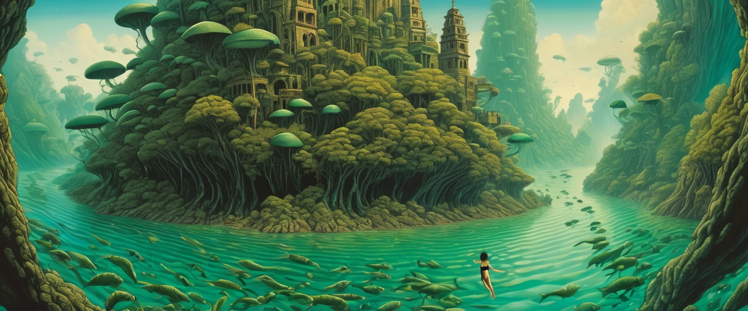 close up of a young woman in a black one-piece bathing suit, swimming in the crystal clear turquoise-green water, surrounded by dozens of gigantic fleshy eels, in the style of dark emerald and light amber, raking sunlight from high above, vertical view looking down, surreal-punk theme, in the style of Terry Gilliam's 'Brazil', by Jacek Yerka and Cliff McReynolds