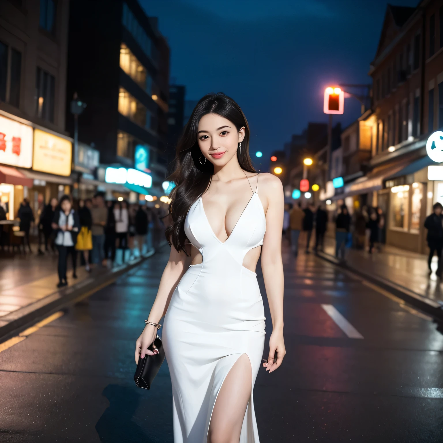 ((masterpiece))、Highest quality、High resolution、8K、Hyperreal Photography、City street corner at night。With the neon lights shining、A beautiful mature woman is standing in a sexy outfit that shows off her cleavage。Her every move exudes dignity and confidence.。In her eyes, I can sense a quiet strength in the midst of the hustle and bustle of the city.、Behind him lies a wealth of life experience.。A person passing by々too、I can't help but notice her。With a charming smile、She is enjoying the city nightlife.、It radiates a beauty that makes you feel as if time has stopped.。