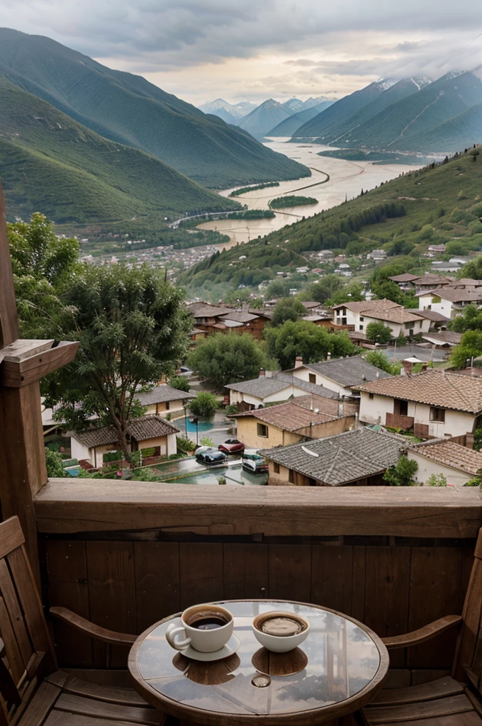 view of the village facing the mountains, it is raining with coffee on the table