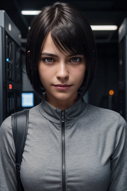 (Full body:1) of a young girl, smart casual, hacker's server room, detailed face, ((cool facial expression)), (straight short thin fringe hair:1.2), ultra detailed photograph, (photorealistic), (intricate details:1),(masterpiece :1), (best quality:1), ultra high res, (detailed eyes), (detailed facial features), HDR, 8k resolution, (lens flare:0.5), light from far behind, (smile, joy)