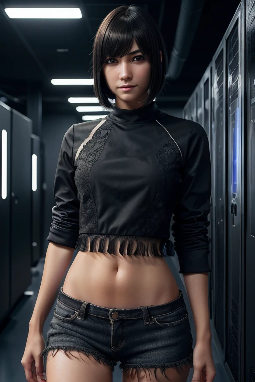 (Full body:1) of a young girl, smart casual, hacker's server room, detailed face, ((cool facial expression)), (straight short thin fringe hair:1.2), ultra detailed photograph, (photorealistic), (intricate details:1),(masterpiece :1), (best quality:1), ultra high res, (detailed eyes), (detailed facial features), HDR, 8k resolution, (lens flare:0.5), light from far behind, (smile, joy)