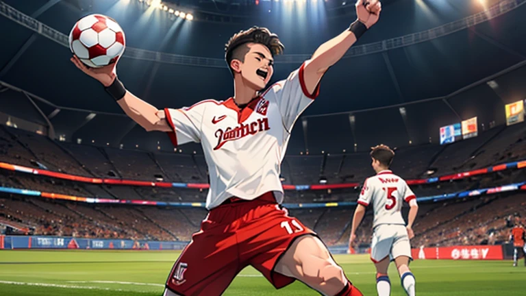 Create a realistic image of Shohei Ohtani playing as a forward in a soccer match. He should be wearing a soccer uniform, preferably in the colors of a professional team. Ohtani should be actively engaged in the game, either dribbling the ball, taking a shot, or celebrating a goal. The background should feature a stadium filled with cheering fans. Ensure the overall scene is dynamic and action-packed, capturing the intensity and excitement of a high-stakes soccer match.