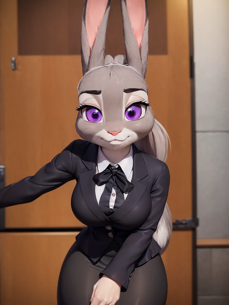 judyhopps, purple eyes, rabbit, rabbit ears, rabbit girl, (((light grey skirt suit))), (((three-piece suit))), (((dress shirt))), (((necktie))), (((blazer))), (((suit jacket))), ((waistcoat)), double-breasted waistcoat, (((bodycon miniskirt))), pocket square, cufflinks, tie clip, makeup, eyeshadow, mascara, eyeliner, sultry, blowjob, fellatio, kneeling, deepthroat, facefuck, oral sex, high heels, cum on face,