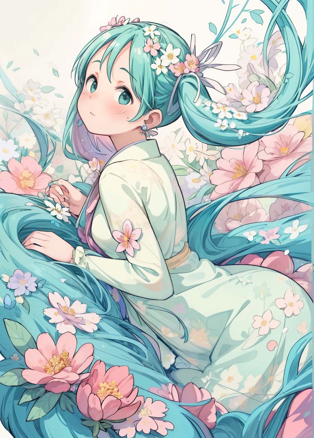 (masterpiece、Highest quality、Highest quality、Official Art、beautifully美しい:1.2)、(One girl:1.3)Hatsune Miku、Twin tails,Beautiful breasts,cute、Perfect Anatomy、Picturesque、sketch、texture、alone、Very detailed、(Fractal Art:1.1)、(Gentle colors:1.1)、(Floral:1.6)、Most detailed、(Tangled:1.2)、(Dynamic pose)、(Abstract background:1.3)、(Glowing Skin)、(Many colors:0.8)、、(Earrings:1.4)、(feather:0.9)、Taisho romance,(masterpiece、Highest quality、Highest quality、Official Art、beautifully、aesthetic:1.2)、