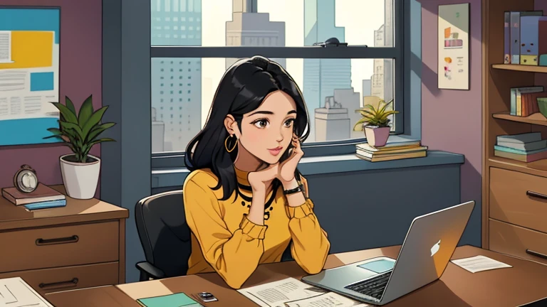 In the background there are many desks and people, Beautiful black-hair woman in her 30s sitting chair in an spacious and colorful office. looking down, relaxed atmosphere, cozy, LOFI girl, blouse, desk, documents, laptop, watch, smartphone, stationery, wide glass window, only five fingers, New York, colorful, can see skyscrapers outside the window, colorful wall, pierced earrings, ring, cabinet, offee cup, Well-proportioned face, Unbroken fingers, unbroken fingers, beautiful captured fingers, White skin, Japanese, She has nothing in her hands, Only two hands!