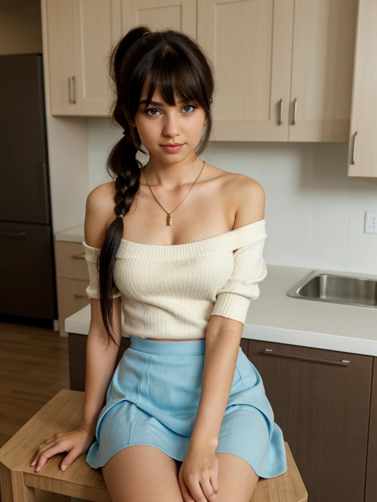 1girl, high quality, high resolution, 4k, , childish look, solo, long hair, ponytail, breasts, shaved pussy, open legs, looking at viewer, black hair, bangs, blue eyes, bare shoulders, brown eyes, jewelry, full body, necklace, off shoulder, sweater, lips, realistic, nose, flirting with camera, short skirt, stockings, sitting in kitchen counter
