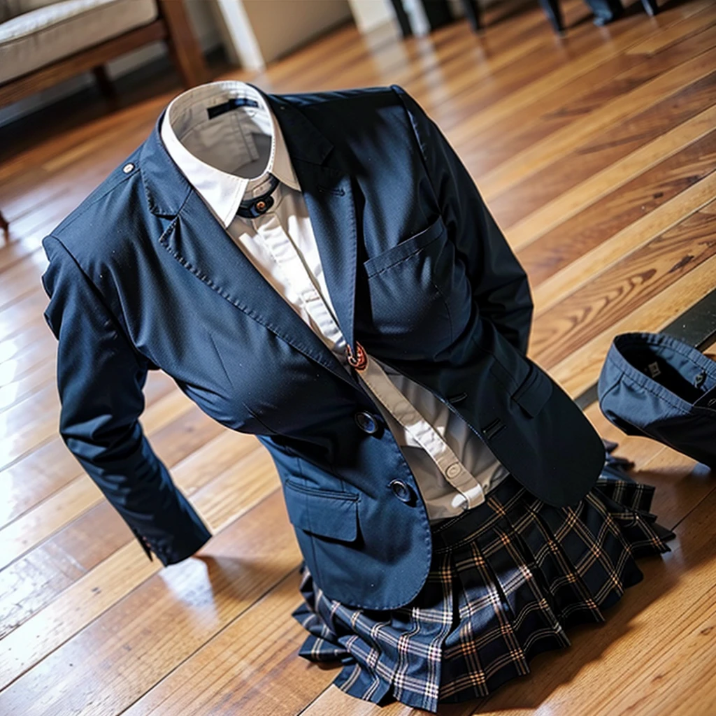 school blazer laid on floor, plaid skirt, stripe tie, fat, cute big breasts, (invisible, no human, headless, handless:1.5)