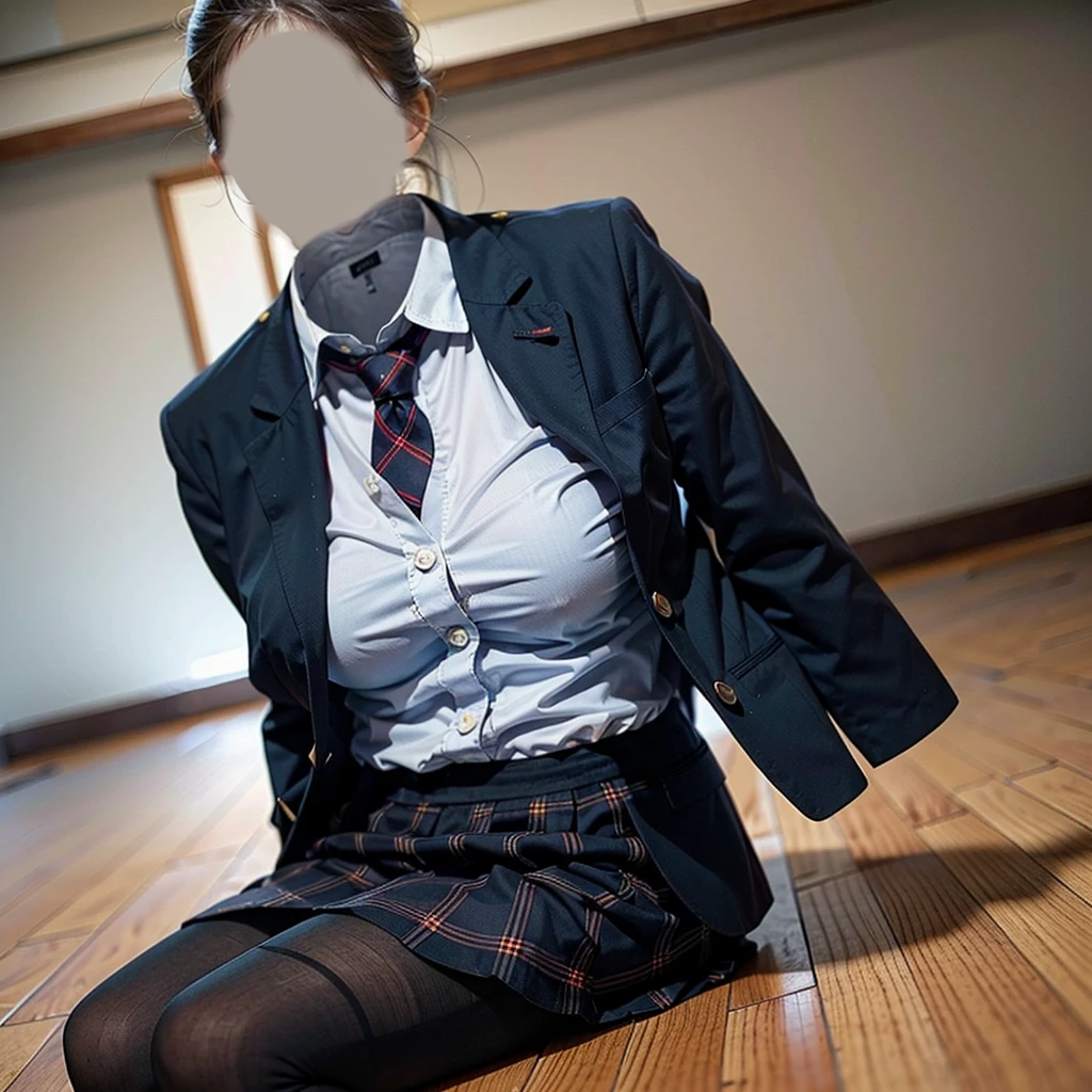 school blazer laid on floor, plaid skirt, stripe tie, fat, cute big breasts, (invisible, no human, headless, handless:1.5)