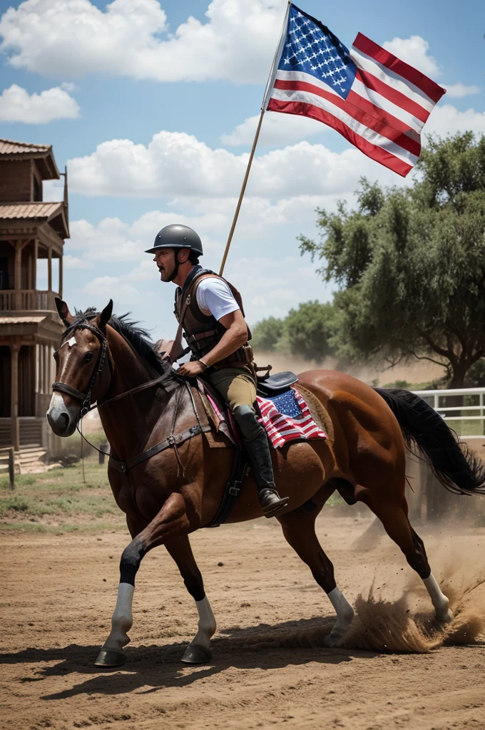A freedom fighter raiding a horse with flag in his hand and screaming for freedom