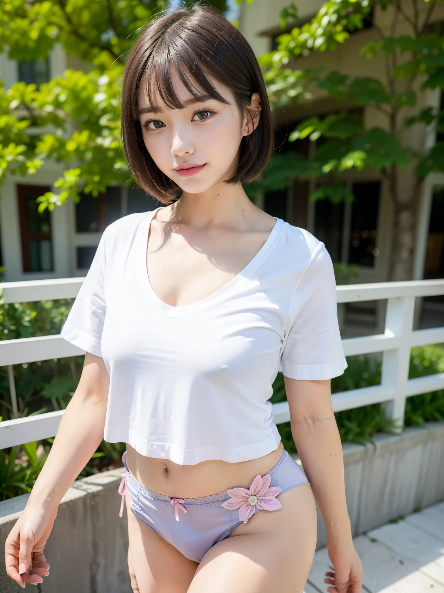 ((Best of the highest quality, 8k, Masterpiece, raw photo: 1.2)), (Sharp focus: 1.2), (1 AESPA, slim body type female, 21 y/o: 1.1), (Solo: 1.28), (realistic, photo-realistic:1.37), face focus, cute face, finely eyes, (droopy eyes: 1.32), (Emphasize prominent aegyo-sal with bright: 1.2), shimmering eyeshadow applied under the lower lash line, paired with thick, (small breasts, flat chest, Thigh: 1.3), (short bob hair, bangs: 1.28), (wearing school shirt, panties: 1.32), (ribbon: 1.1), walking terrace dining, flower, (from behind: 1.16)