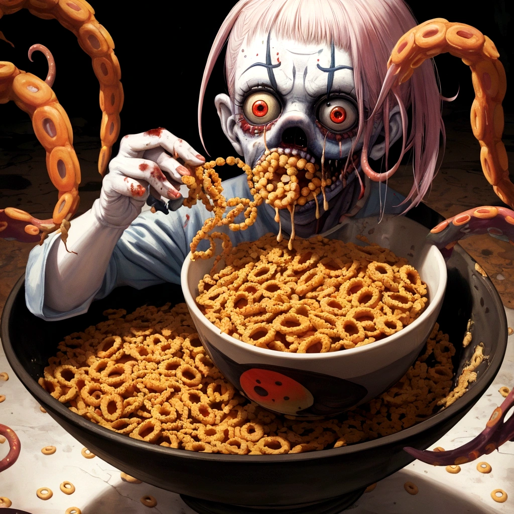 anime model , a painting of a zombie eating a bowl filled with various pharmaceutical PILLS, a hyperrealistic painting, by Jason Edmiston, cutecore clowncore, mixture of creatures with tentacles, horror wallpaper aesthetic, greg beeple, clown, art representing control freak , cutout, art blotter, rendering, horrifying