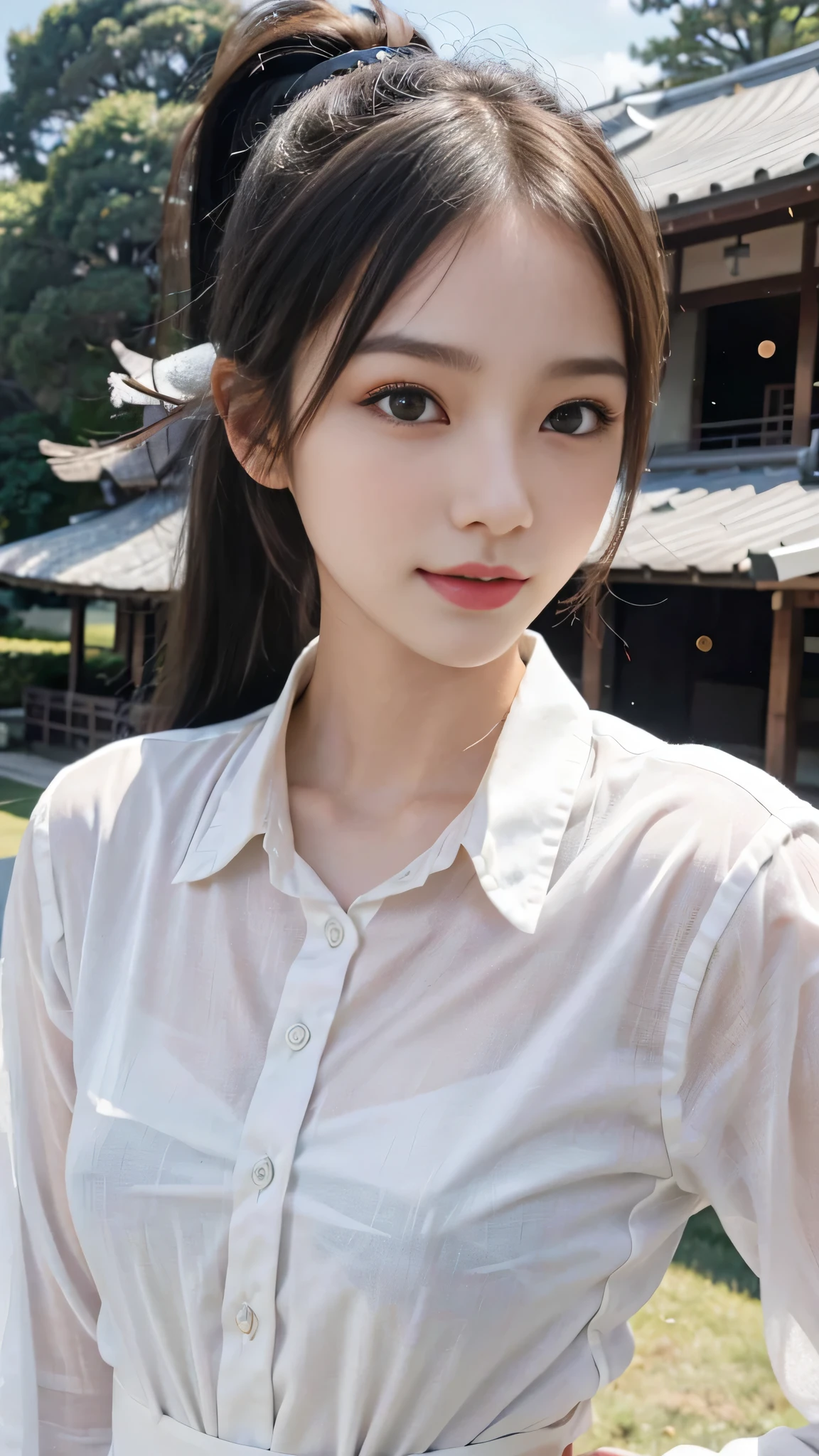 White collared shirt,jeans,Park,On the lawn,Close up face,One woman,masutepiece, The highest image quality, High quality, the background is clear,Beautiful woman, Japanese,Ultra-detailed, finely detail, hight resolution, 8K Wallpaper, Perfect dynamic composition, Beautiful detailed eyes , Detailed, Detailed eyes, Detailed skin, Beautiful skin, 超hight resolution, (reality: 1.4),Very beautiful woman, Slightly younger face, Beautiful skin, slender, (Ultra photo realsisim), (hight resolution), (8K), (Very detailed) (beautifully detailed eyes), (super detailed), (Detailed face), view the viewer, Fine details, Detailed face, Staring straight ahead, Staring straight ahead, photos realistic, Bright lighting, Professional Lighting, Black hair,poneyTail,a baby face,fourteen years old,Hairstyle: ponytail,Long ponytail hairstyle,slight smile,neat and tidy clothing,Beautiful Japanese KPOP idol photo, hair style is ponytail, my eyes are double and wide, baby face, smile and look straight ahead, slender, small breasts,Close up face,