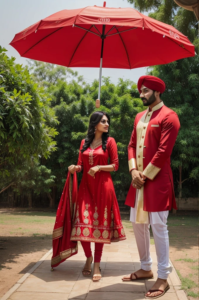 Punjabi man in Punjabi attire holding umbrella and his wife setting under the umbrella, the atmosphere should be old Punjab in a sunny day, the girl should be in a red colour and man in red pagg.