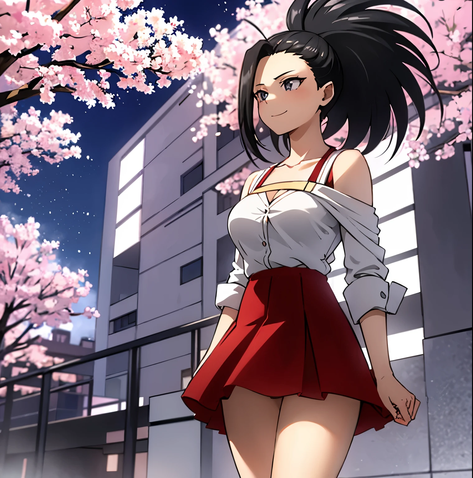 1girl,alone,momo yaoyorozu,masterpiece,best quality,high resolution,ultra detailed,detailed eyes,cowboy shot,dynamic posture,sharp focus,soft and smooth skin,seductive,smiling,closed mouth,looking at viewer,black hair , ponytail, hair tied back, black eyes, big breasts, medium waist, wide hips, wide thighs, round butt, long sleeves, ((red skirt:1.3)), clavicle, off-the-shoulder shirt, ((shoulders bare:1.3)), alone, shirt, ((short skirt)), ((white shirt:1.4)), ((cleavage1.4)), ((floral print)), red heels, smile, standing, direct , arms on waist, outdoors, Japanese park, cherry trees, Looking forward, ((focus on breasts))pov( from middle), perfect anatomy, perfect hands