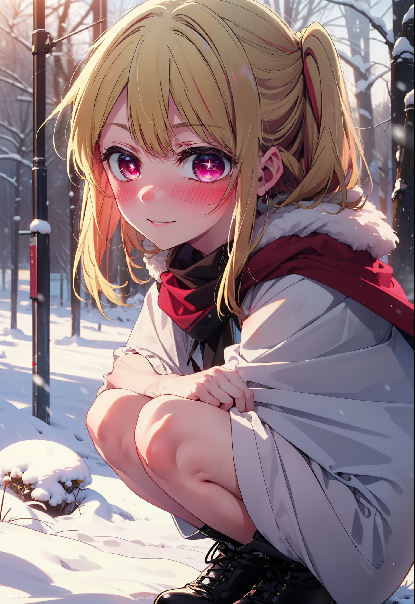 rubyhoshino, Hoshino Ruby, Long Hair, bangs, Blonde, (Pink Eyes:1.3), Side Lock, (Symbol-shaped pupil:1.5), Multicolored Hair, Two-tone hair, smile,,smile,blush,White Breath,
Open your mouth,snow,Ground bonfire, Outdoor, boots, snowing, From the side, wood, suitcase, Cape, Blurred, , forest, White handbag, nature,  Squat, Mouth closed, Cape, winter, Written boundary depth, Black shoes, red Cape break looking at viewer, Upper Body, whole body, break Outdoor, forest, nature, break (masterpiece:1.2), Highest quality, High resolution, unity 8k wallpaper, (shape:0.8), (Beautiful and beautiful eyes:1.6), Highly detailed face, Perfect lighting, Highly detailed CG, (Perfect hands, Perfect Anatomy),