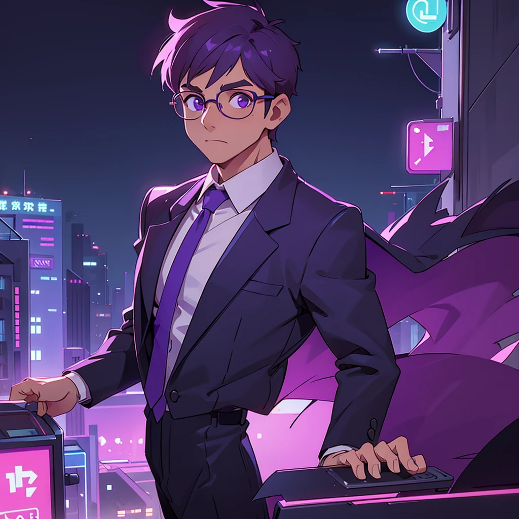 A handsome businessman with glasses standing in a city illuminated by purple neon lights　