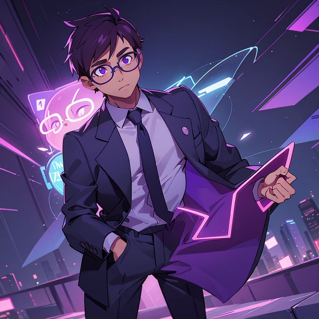A handsome businessman with glasses standing in a city illuminated by purple neon lights　